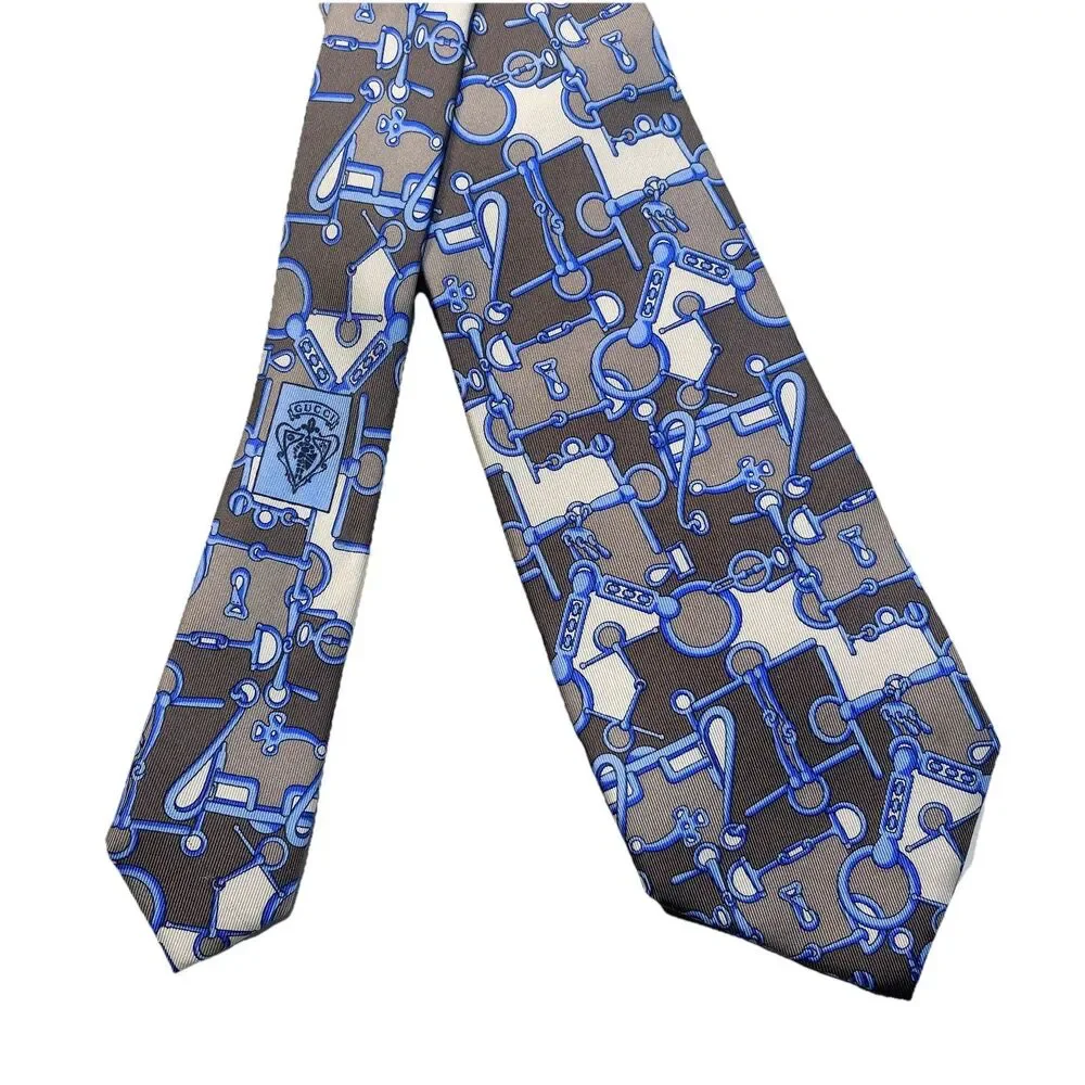 GUCCI Silk Tie Vintage Blue Brown Horsebit Equestrian Monogram ITALY Made NWOT